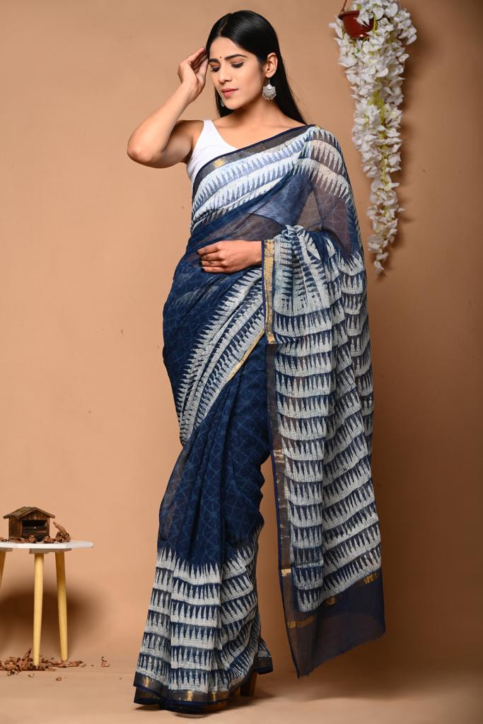 Indigo Blue & White Hand Block Print Kota Doria Saree