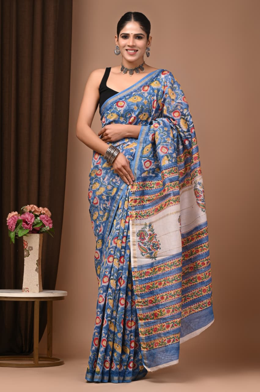Blue and White Hand Block Printed Traditional Silk Saree with Blouse: Natural Dyes & Colors