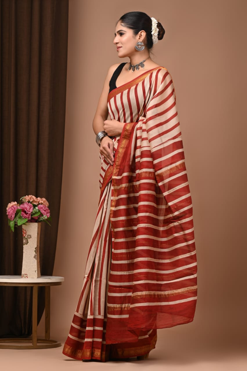 Red and Cream Striped Handloom Silk Cotton Saree with Gold Border
