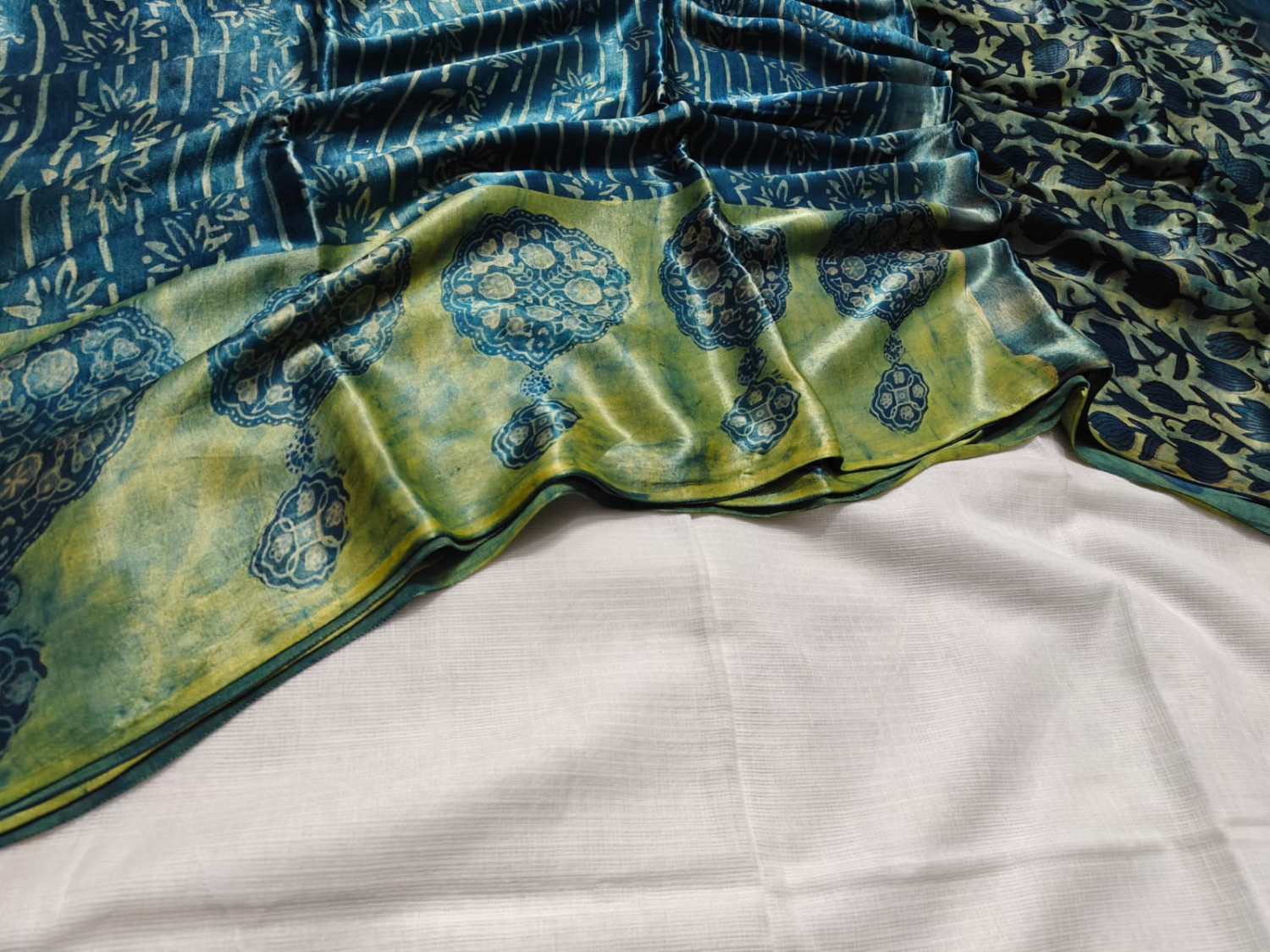 Dark blue flower printed with green border Modal Silk Ajrakh Vanaspati Saree with printed blouse