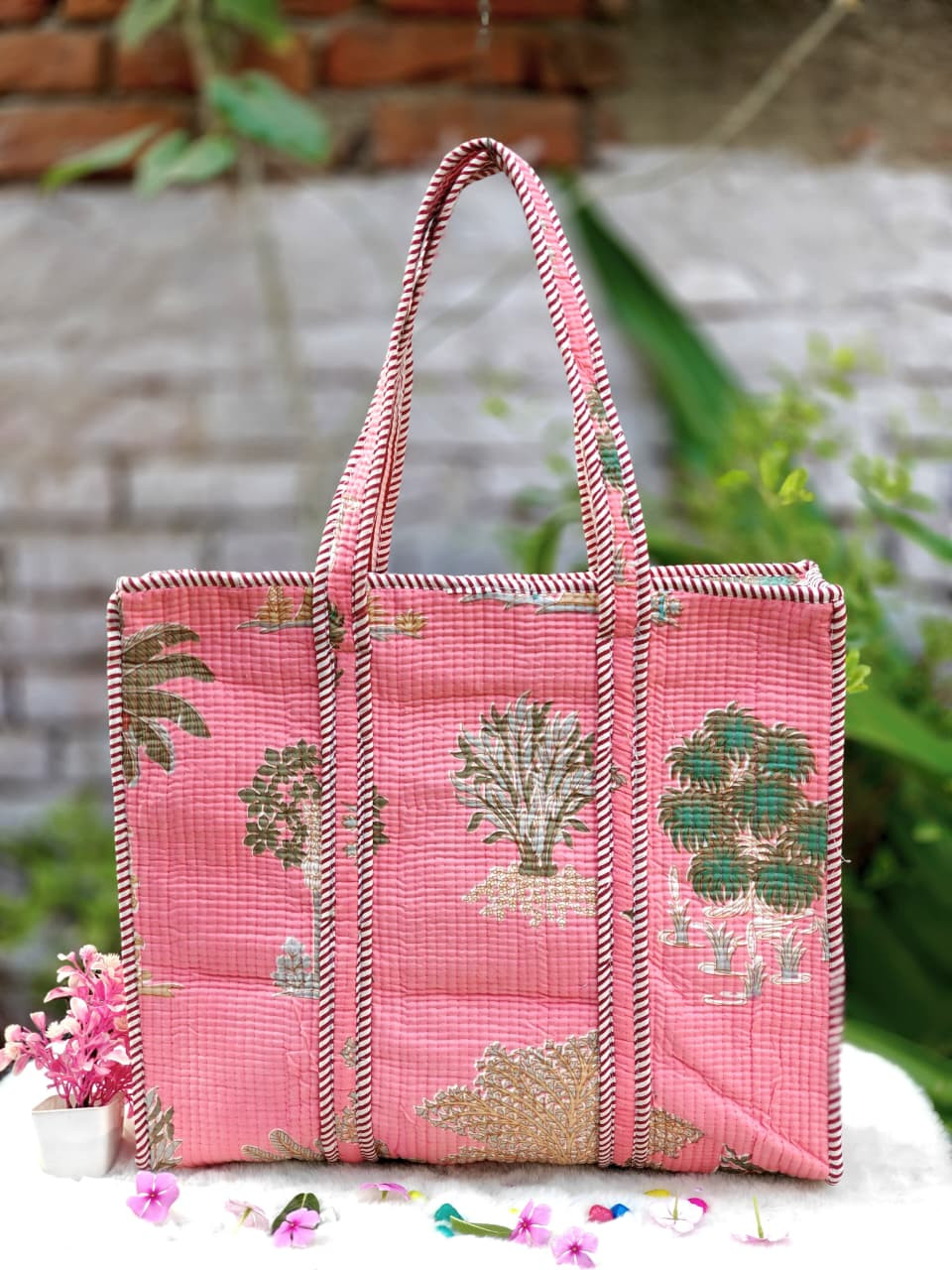 Pink Floral Block-Printed Quilted Cotton  Bag
