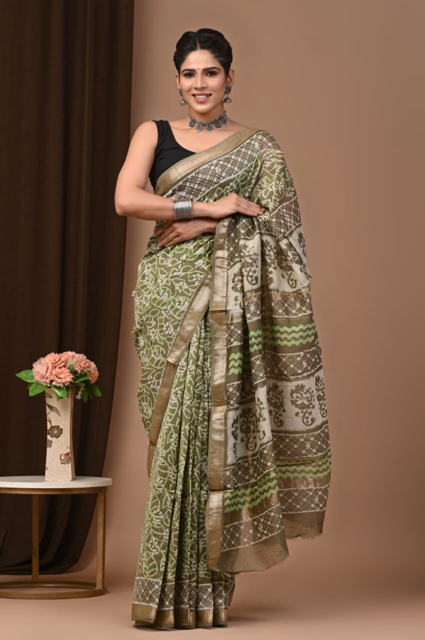 Olive Green and Beige Maheshwari Silk Saree with Zari Border and Hand Block Print.