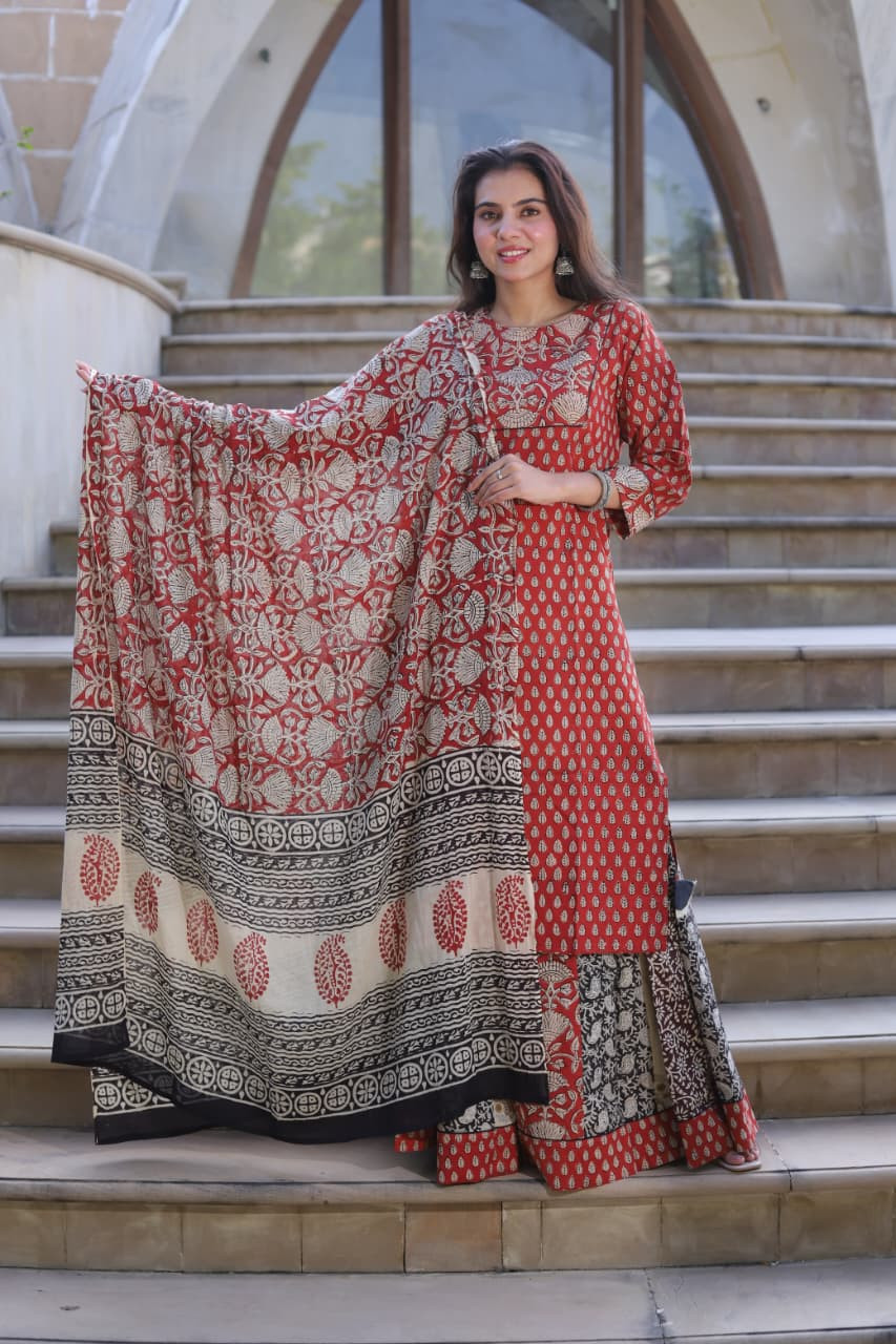 Red & Beige Hand Block Print Cotton Long Kurta & Skirt Set with Dupatta