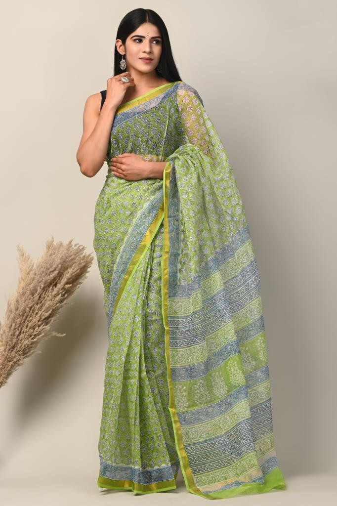Green & Blue Hand Block Print Kota Doria Saree