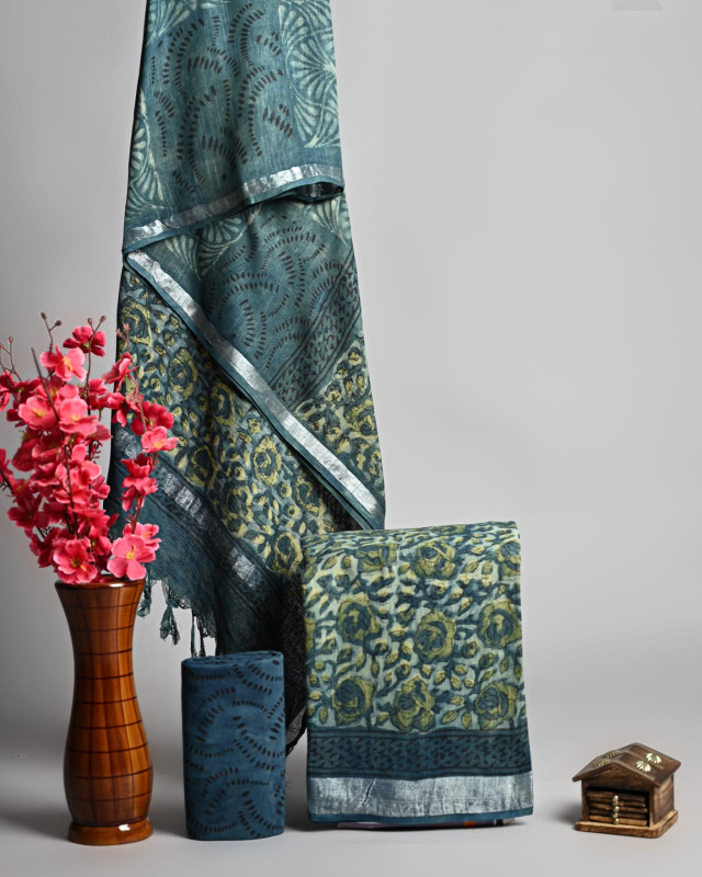 Teal Blue Hand Block Printed Linen Cotton Suit