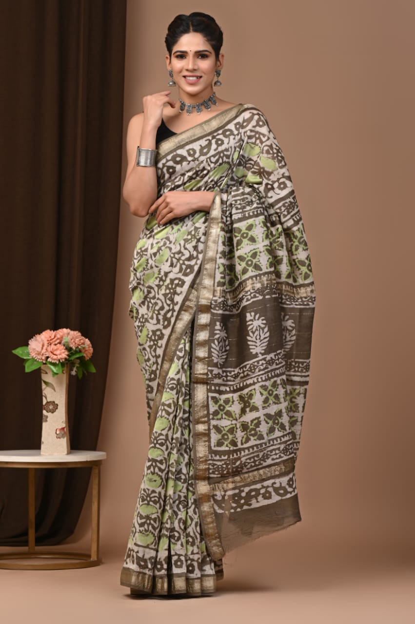 Off-White and Mehendi Green Hand Block Printed Kalamkari Saree
