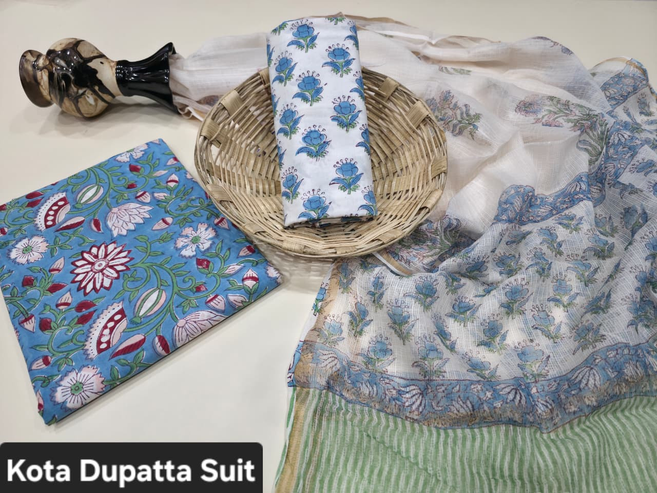 white & Blue Hand Block Print Cotton Suit with a sheer Kota Doria Dupatta.