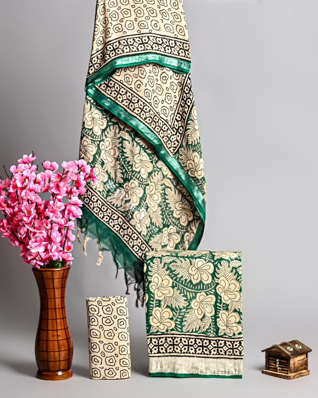 green cream hand block-printed floral suit
