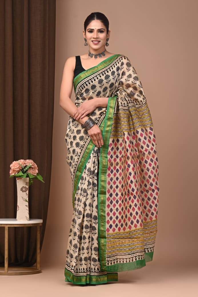 Beige and Black Maheshwari Silk Saree with Green/Yellow Border and Hand Block Print/Bagru Print.