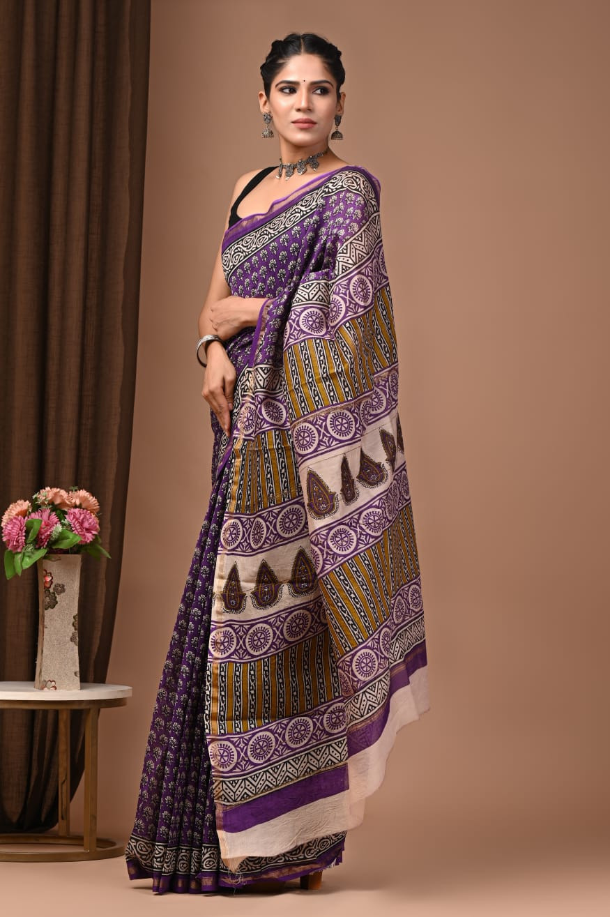 Purple and Mustard Yellow Hand Block Printed Traditional Silk Saree with Blouse: Natural Dyes & Colors