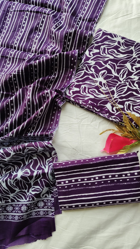 Purple and White Hand Block Printed Cotton  Unstitched Suit Set for Women 2.5 Mtr Top, 2.5 Mtr Bottom, and 2.5 Mtr Dupatta