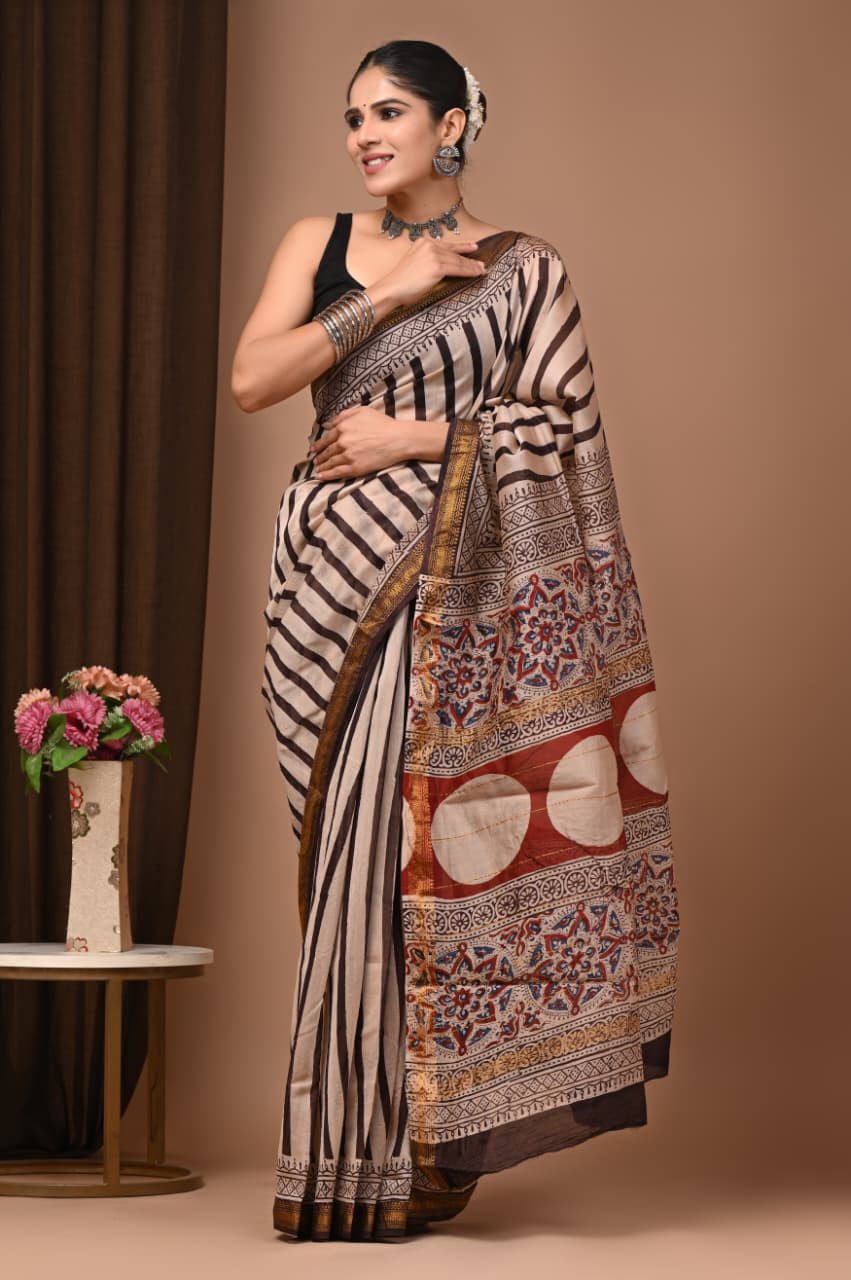 Beige and Black Striped Saree with Red/Brown Accents and Hand Block Print/Kalamkari Print.