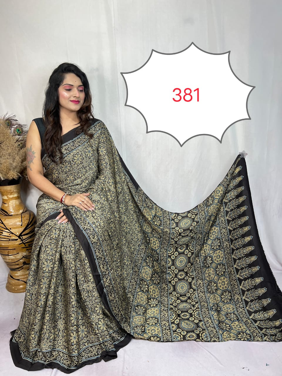 Black & Gold Ajrakh Hand Block Print Modal Silk Saree.