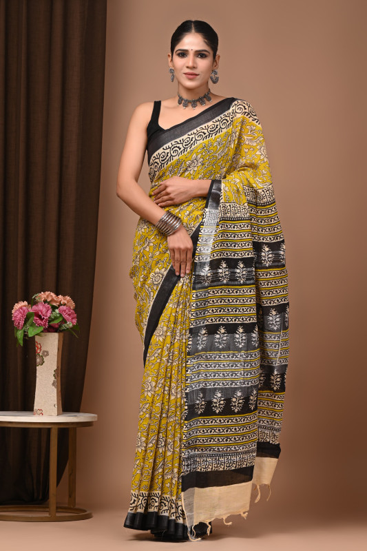 Yellow Soft Linen Saree with Black/Grey Hand Block Print Floral/Kalamkari Motifs and Silver Zari Border.