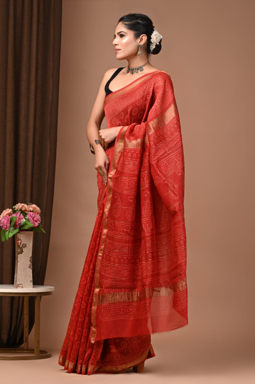 Red Maheshwari Silk Saree with Gold Border and Hand Block Print.