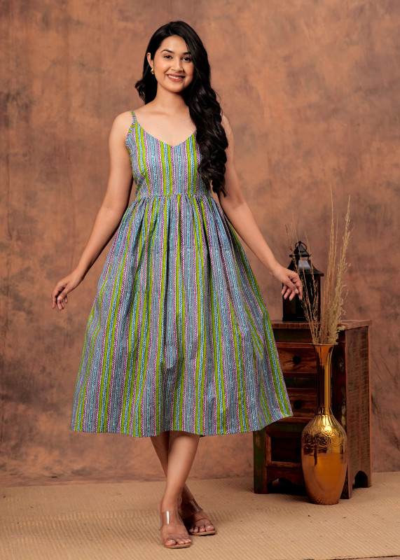 Grey and Green Vertical Striped Print Sleeveless Gathered One Pices Dress