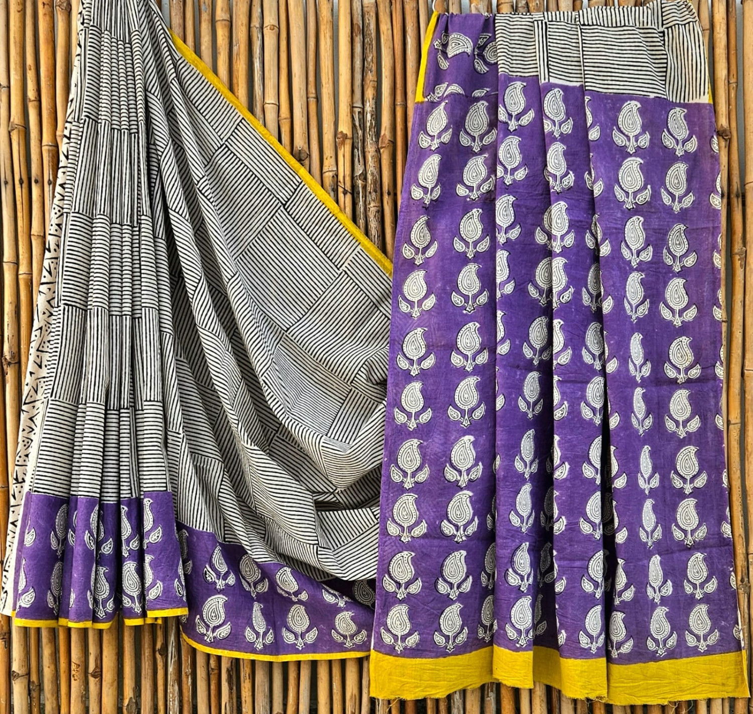 White & Purple Kalamkari Hand-Block Printed Mulmul Cotton Saree with Blouse (6.5 Meters, 92*80, 100% Pure Cotton Fabric)