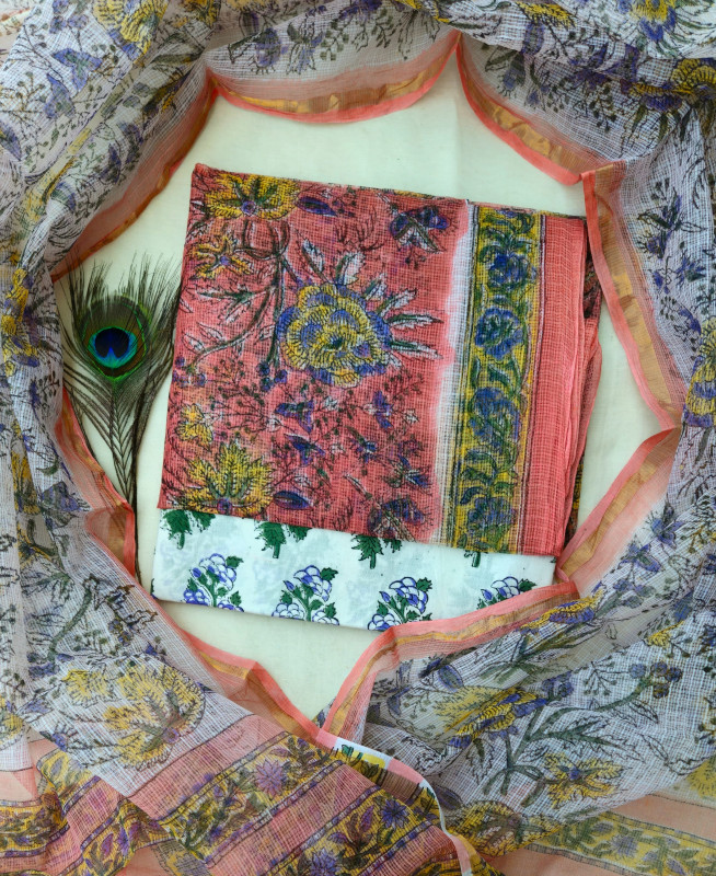 Coral and White Floral Handblock Printed Cotton Kota Doria Suit    2.5m top & dupatta and 2.5m cotton cambric bottom