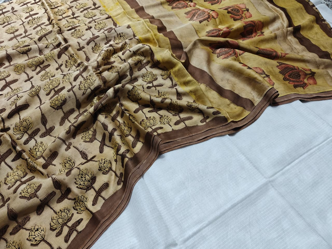 Beige Mustard Lotus  hand block print  ajrk vanaspati  PureE modal silk saree
