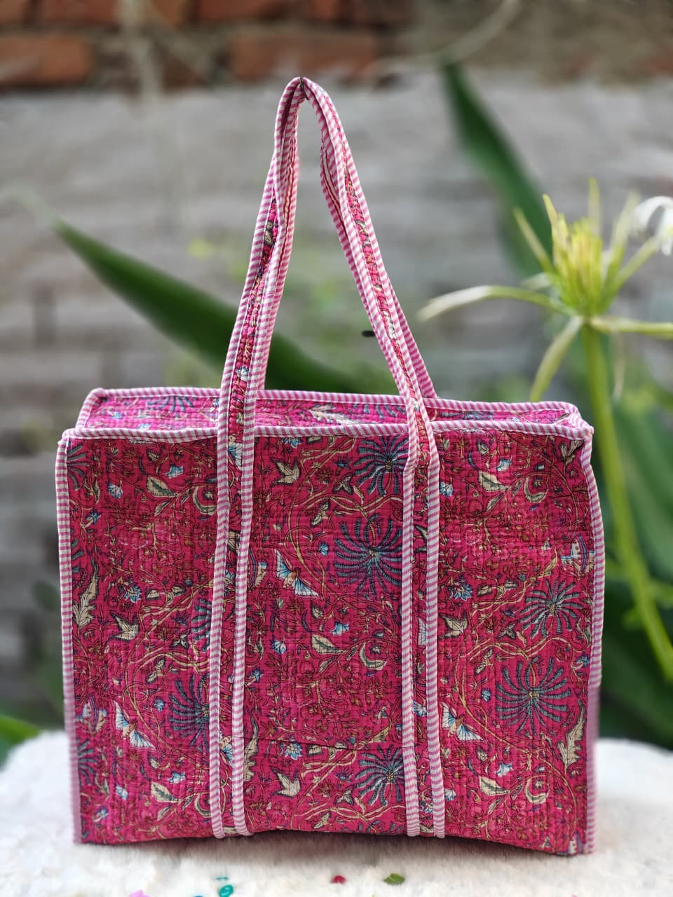 Deep Magenta Kalamkari Block-Printed Quilted Cotton  Bag