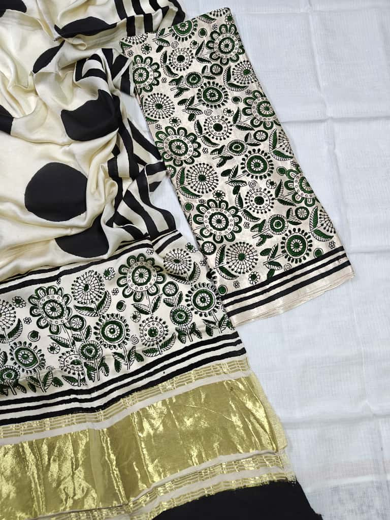 Cream, Black, and Green Hand Block Printed Cotton Silk Blend Saree