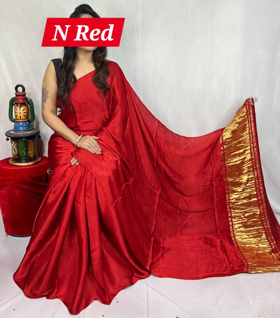Crimson Red Solid Art Silk Saree with Traditional Broad Golden Zari Border.