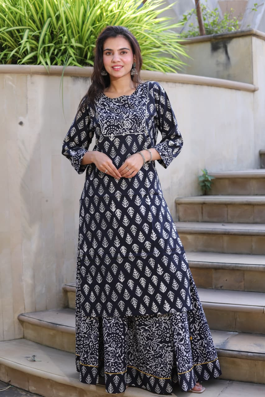 Women's Black & White Hand Block Print Cotton Anarkali Set
