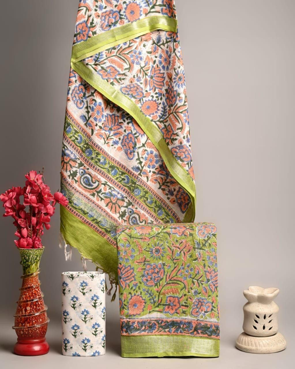 Lime Green and Ivory Floral Vine Hand Block Printed Cotton Unstitched Suit Set