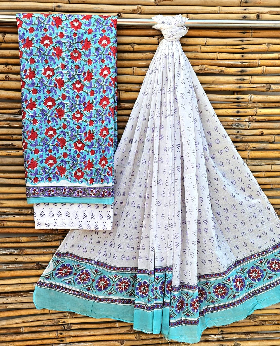 Jaipuri Hand-Block Print Cotton Suit Set in Blue & Red