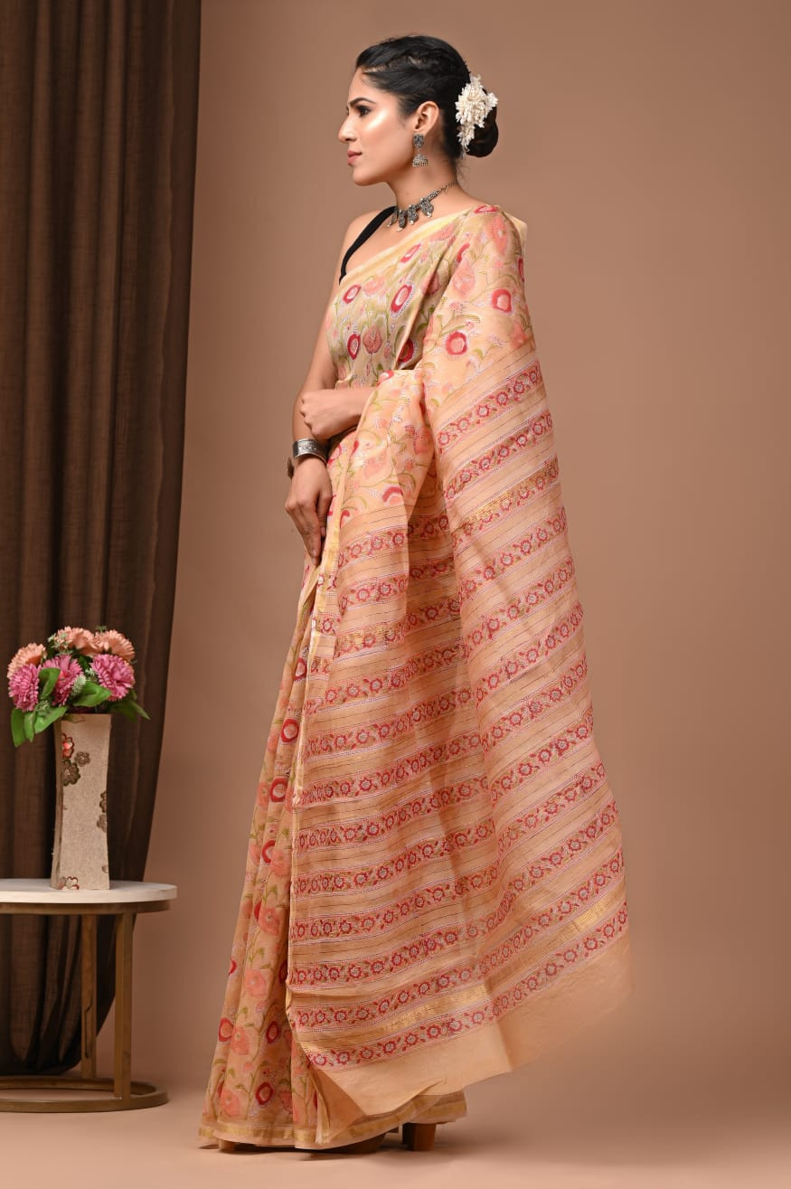 "Narmada Peach" Hand Block Printed Maheshwari Silk Saree with Blouse