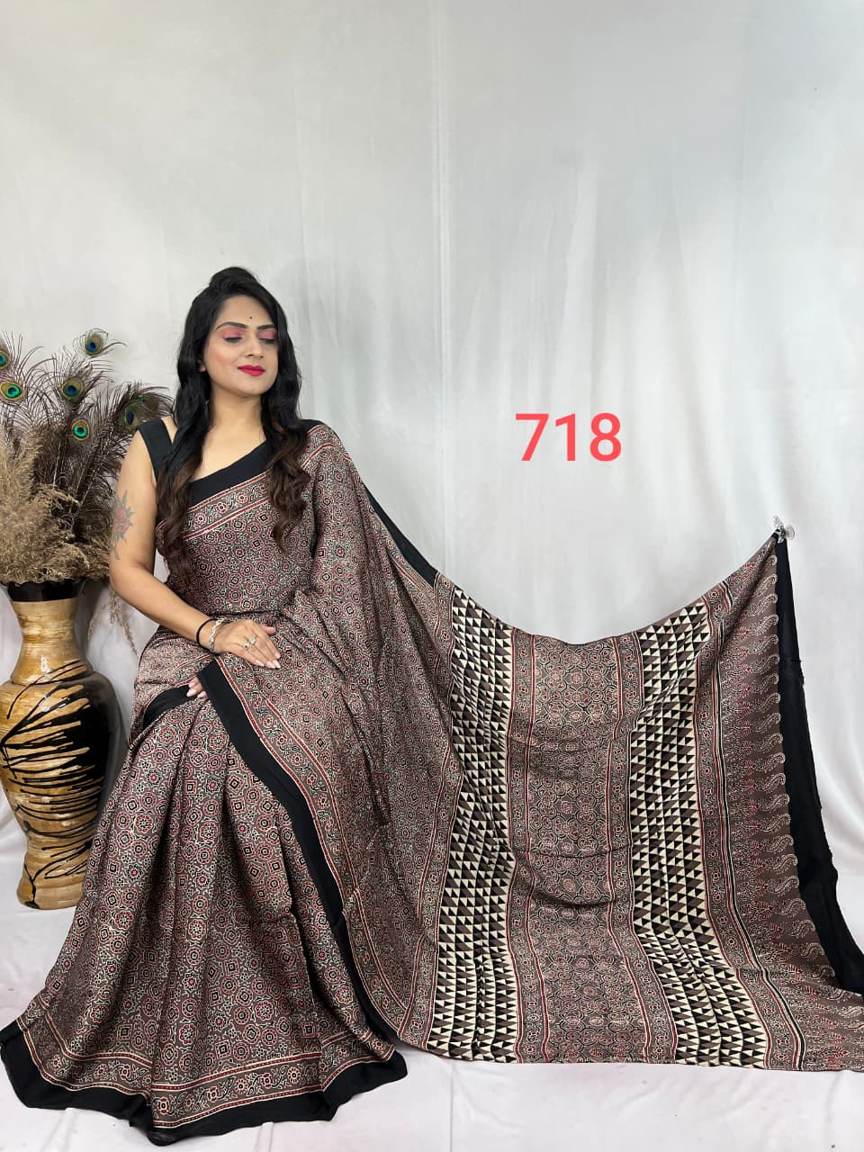 Black and Brown Modal Silk Ajrakh Print Saree