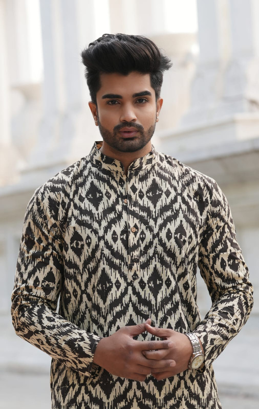 Black and Beige Ikat Print Kurta