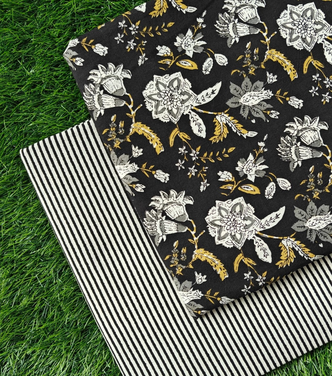 Black & White Floral and Striped Dabu Bagru Hand Block Print Cotton (60/60) Cambric Unstitched Suit Material (Top 2.50 MTR + Bottom 2.50 MTR)