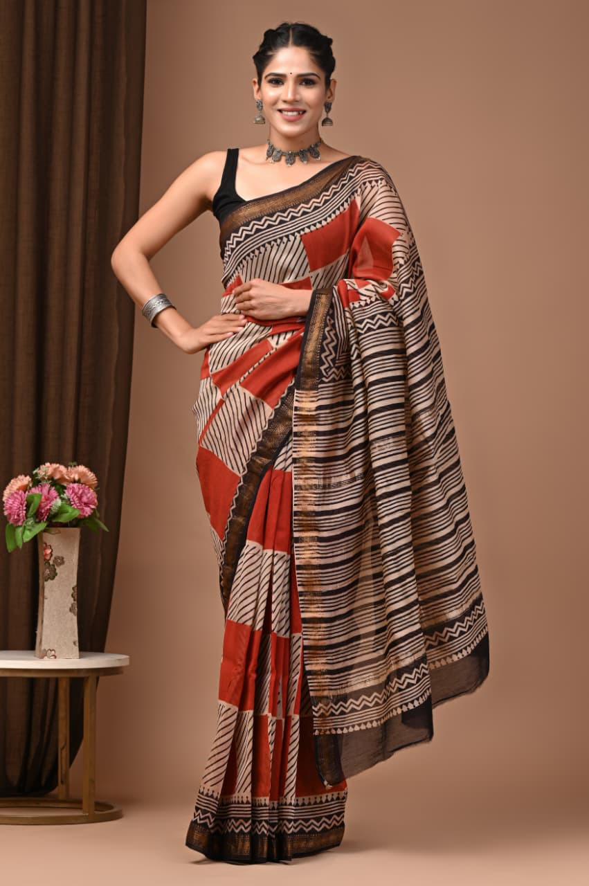 Maroon, Beige, and Black Geometric Block Print Mulmul Cotton Saree