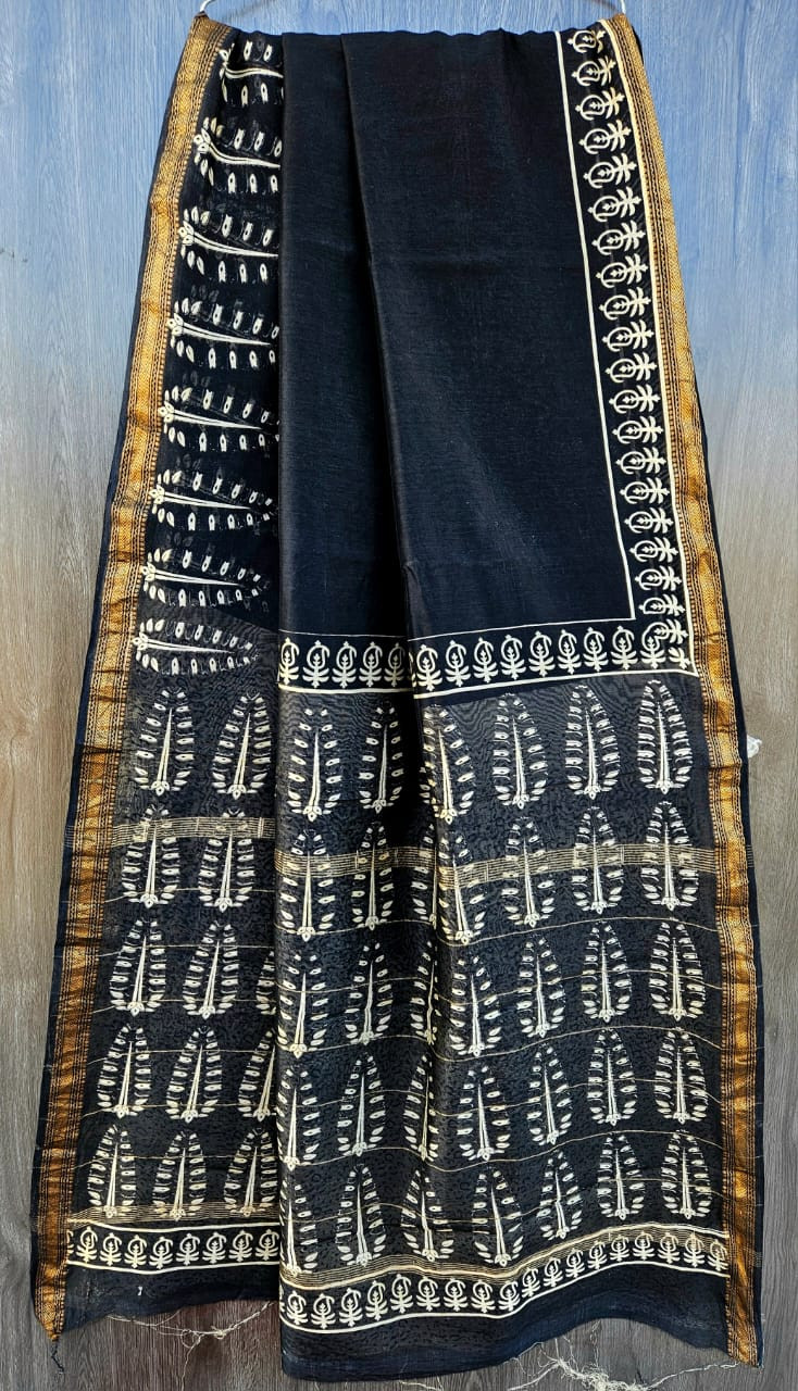 Classic Black & Ivory Hand Block Printed Maheshwari Silk Saree with Blouse