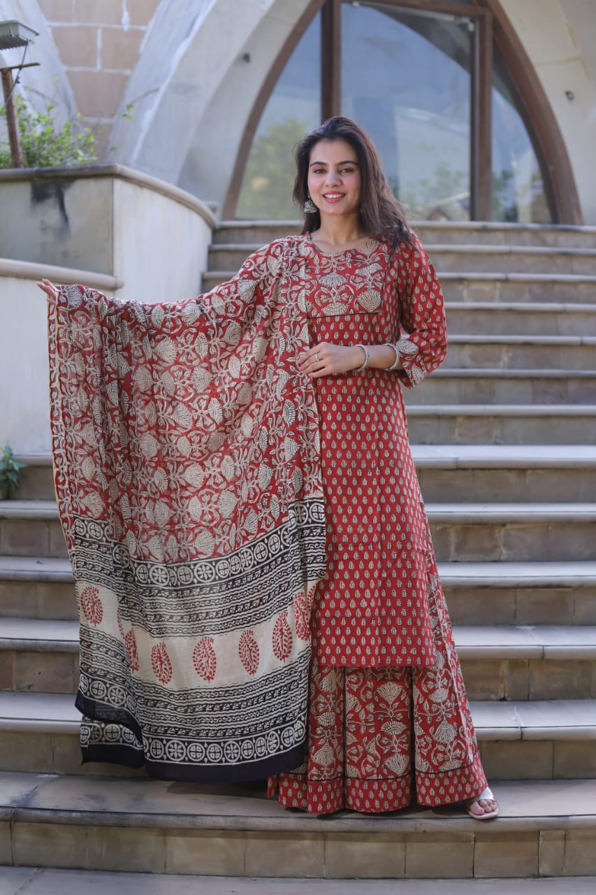 red and off-white/beige color combination  Anarkali Kurta Set