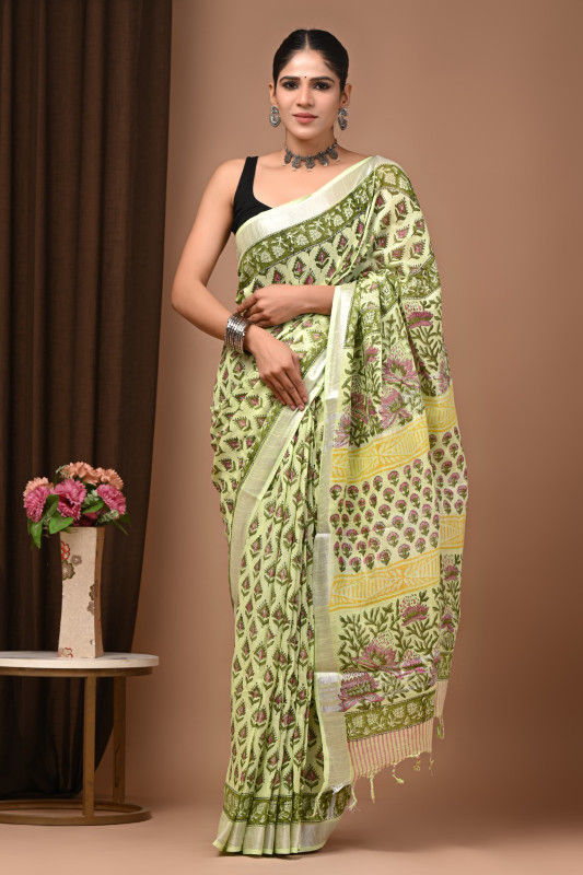 Light Green/Pista Soft Linen Saree with Pink/Green/Yellow Hand Block Print Floral Motifs and Silver Zari Border.