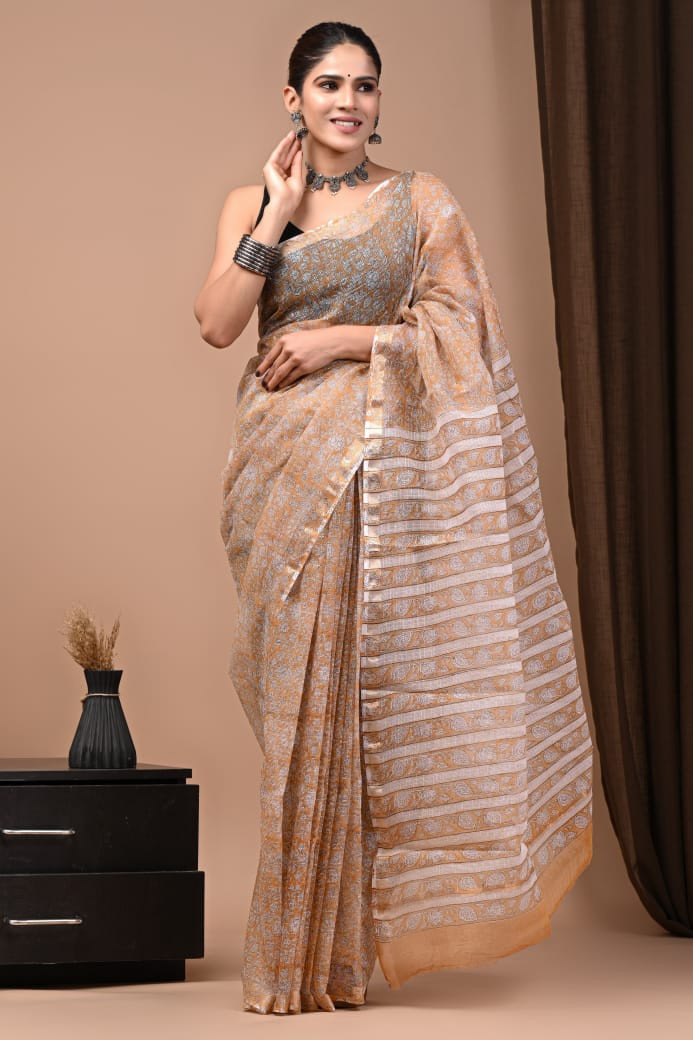 Orange & White Hand Block Print Kota Doria Saree
