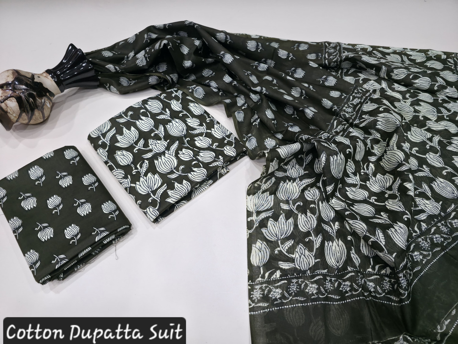 black/dark green and white Sanganeri/Bagru hand block print cotton dupatta suit.