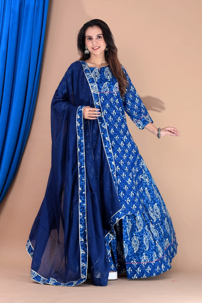 or is me ye add karo Designer Long Kurta & Skirt with dupatta or is la long descrepsan bhi do in english me do,prodect name single line me in english me do Indigo Blue Hand Block Print Cotton Anarkali