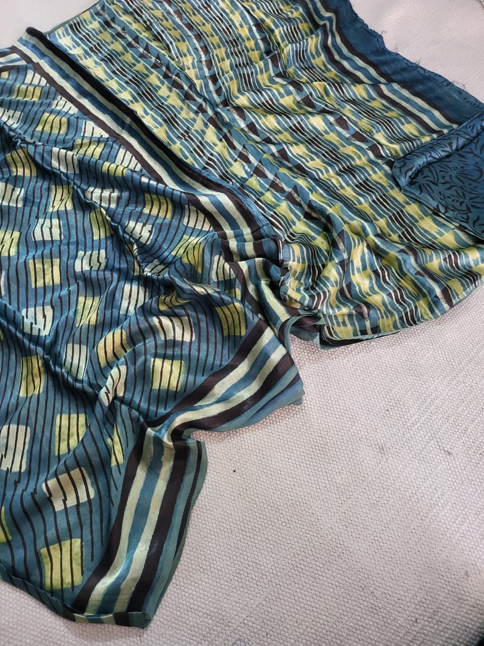 Teal Blue Abstract Stripe Hand Block Print Pure Modal Silk Saree
