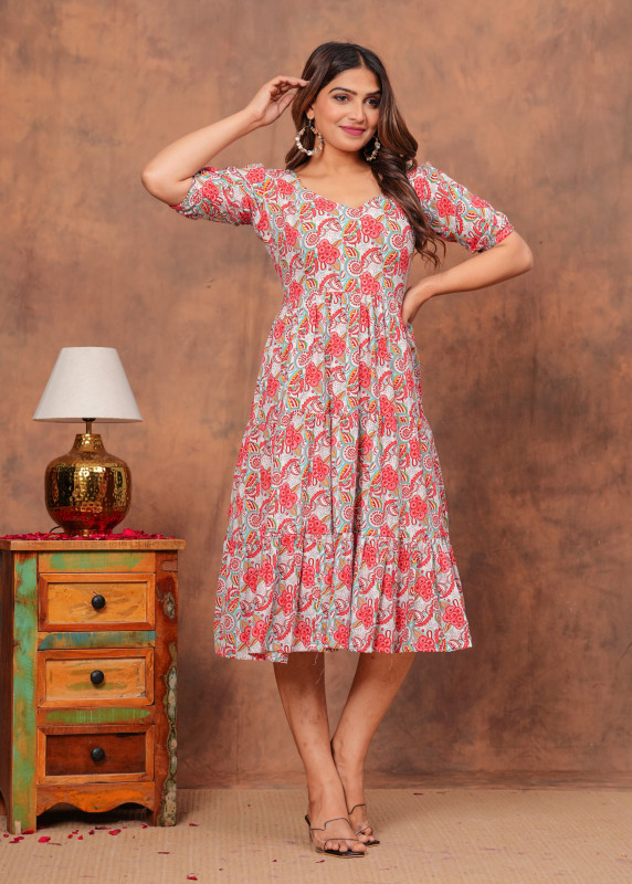 Pink and Teal Floral Block Print Half Sleeve  one piece   Dress