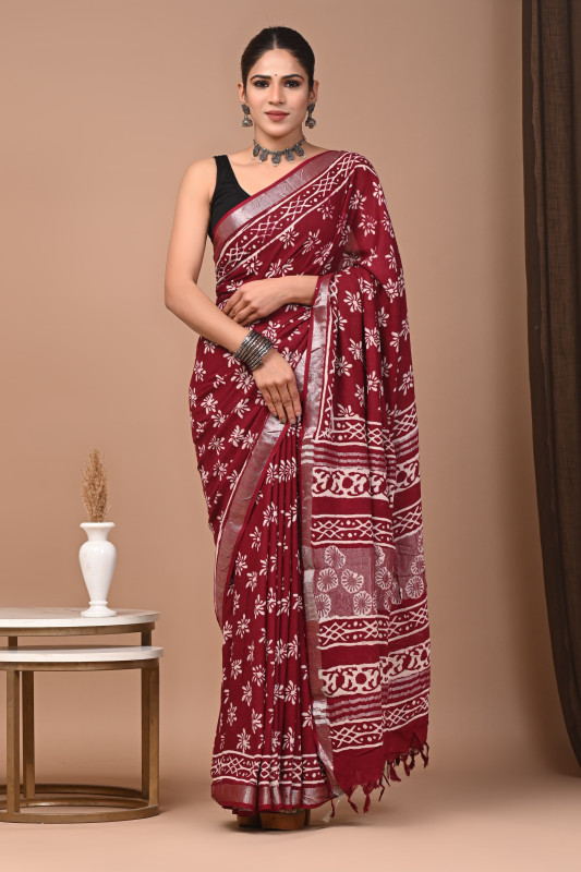 Red Hand Block Printed Linen Saree with Silver Border.