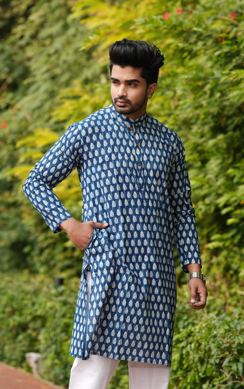 Indigo Blue with White Leaf Print Kurta
