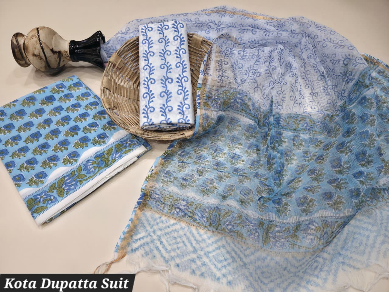 Blue and Green Floral Hand Block Print Cotton Suit with Kota Doria Dupatta.