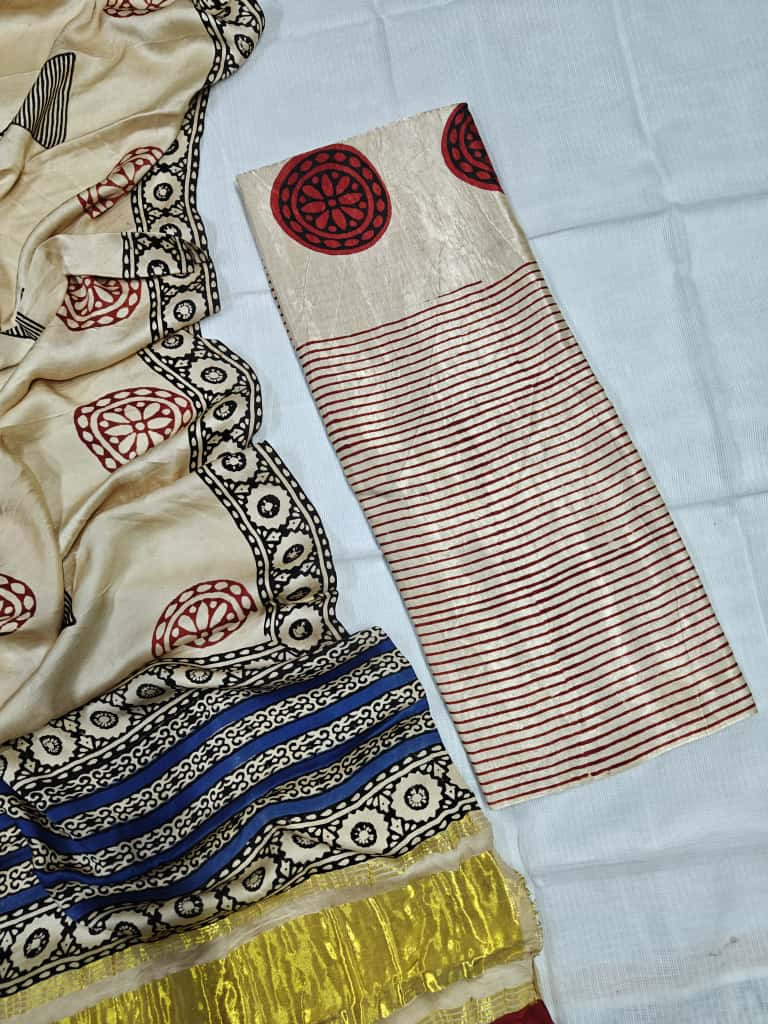 Beige & Red Striped Hand-Block Print Maheshwari/Chanderi Saree