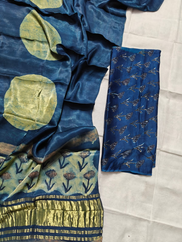 Indigo Blue & Yellow Hand-Block Printed Modal Silk Suit Set