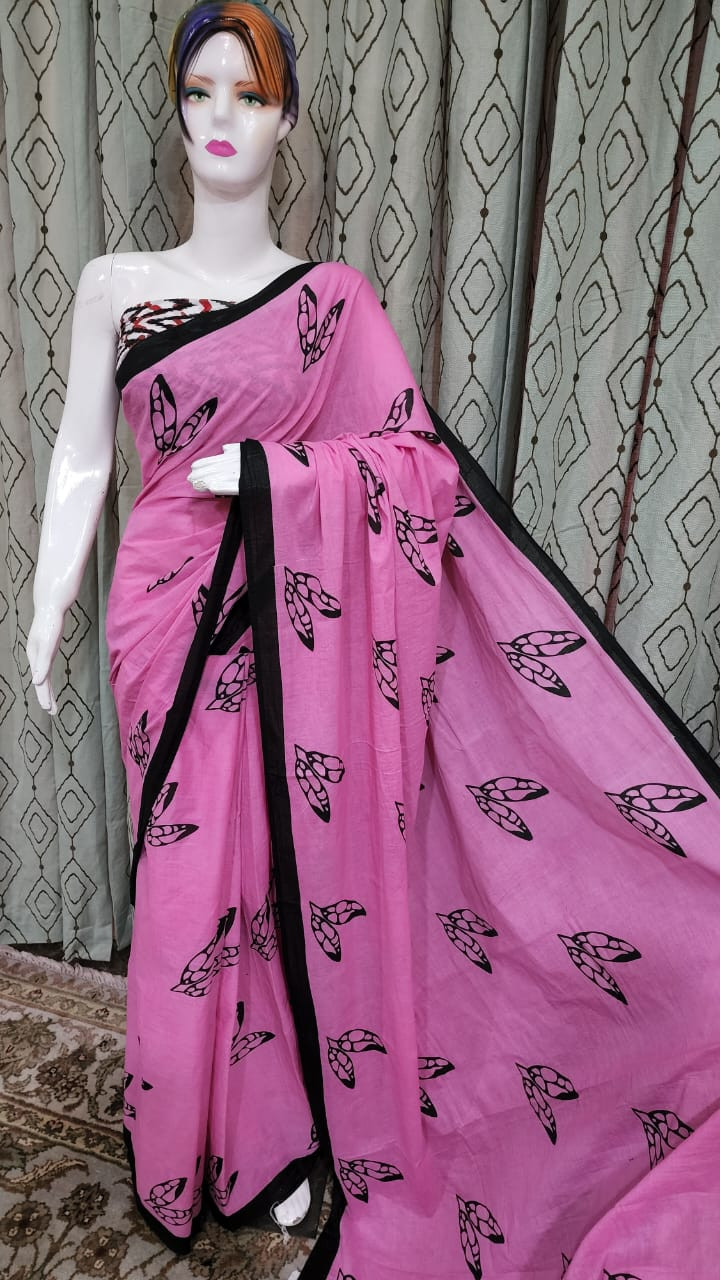 Soft Bubblegum Pink Cotton Saree with Black Butterfly Wing Motifs and Solid Black Border.