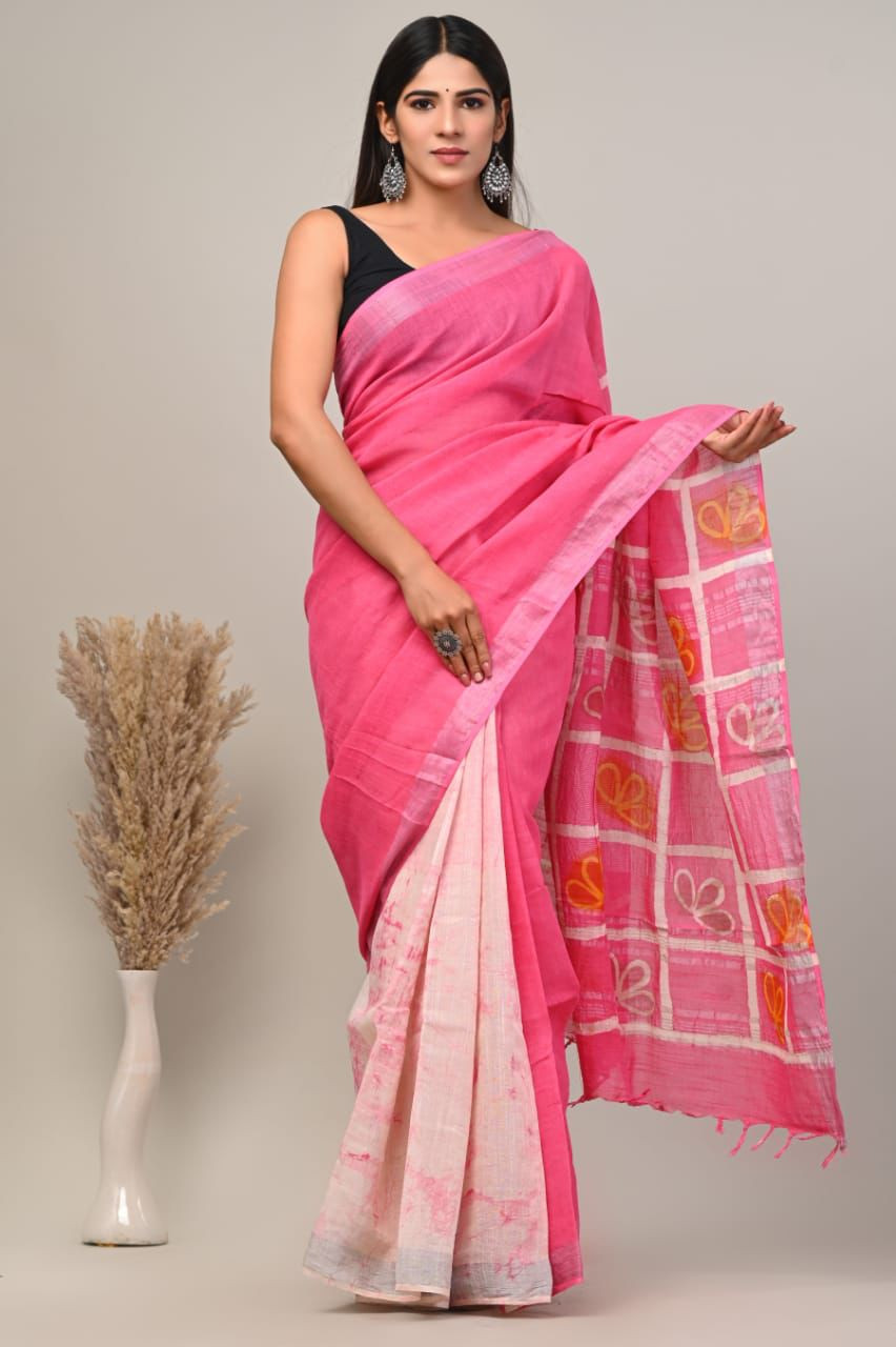 Dual-Tone Pink Linen Cotton Saree with Hand Block Printed Pallu lilen fabric saree 6.5 mtr wih blouse
