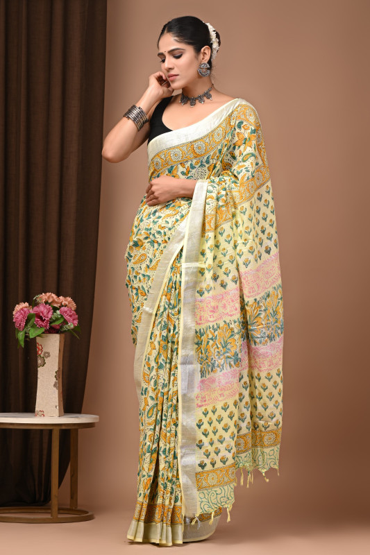 Pastel Yellow Handblock Printed Cotton Saree with Multicolor Floral & Stripe Pattern